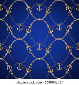 Seamless background with chains, anchors, rope, grid. Abstract pattern in nautical style. Marine motifs ornament. Idea for material, textile, fabric design. Black, gold texture Vector illustration
