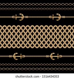 Seamless background with chains, anchors,rope, grid. Abstract pattern in nautical style. Marine motifs ornament. Idea for material, textile, fabric design. Black, gold texture. 