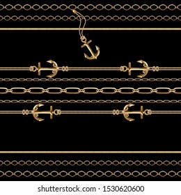 Seamless background with chains, anchors,rope, grid. Abstract pattern in nautical style. Marine motifs ornament. Idea for material, scarf, fabric, textile, wallpaper design. Black, gold texture