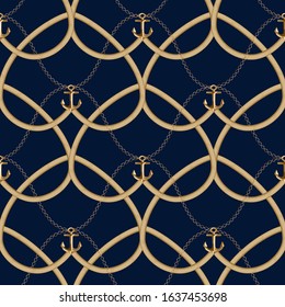 Seamless background with chains, anchors,rope, grid. Abstract pattern in nautical style. Marine motifs ornament. Idea for material, textile, fabric design. Blue, gold texture. Vector