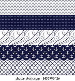 Fondo transparente con cadenas, hebillas, anclas, puntos de polka, olas, tiras. Conjunto de patrones editables en estilo náutico. Motivos marinos. Idea para el diseño de materiales, textiles y tejidos.  Textura azul marina.