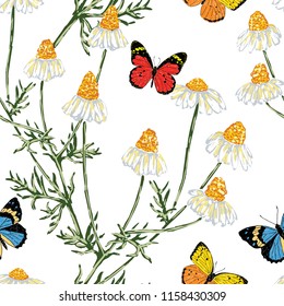 Seamless background of chamomiles and butterflies