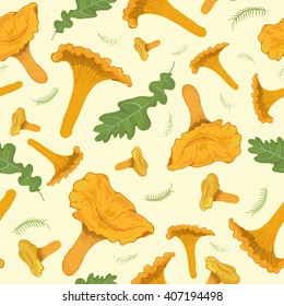 Seamless background with chanterelles and oak leaves. Vector illustration