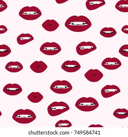 Seamless background of chaotic woman's lip set. Chubby Sexy Lips. Vector eps10.