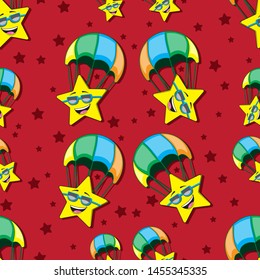 Seamless background character asterisk on parachute in glasses smiling. For children postcards notebooks clothes. Vector image. eps 10