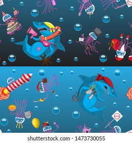 Seamless background character Medusa emotion bubbles shark on a black blue background. Kids printing textile banner background. Vector image. eps 10