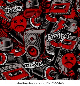 Seamless background with characters of graffiti, tags, blots on dark background.