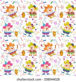 Seamless Background with Cheerful Circus Clowns, Juggling Balls and Candies and Training Dogs. Holiday Illustration with Funny Cartoon Characters on White, Colorful Stars and Streamers. Vector