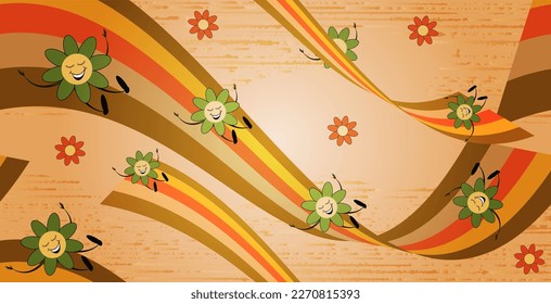 Seamless background with cheerful daisies among multicolored waves in the 70's style
