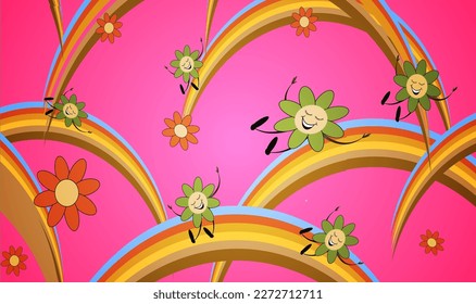 Seamless background with cheerful daisies among multicolored waves in the 70's style 