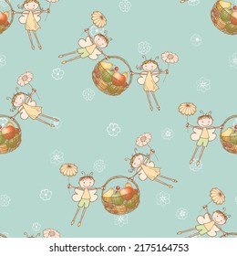 Seamless background of cheerful elves flying with fruits basket 