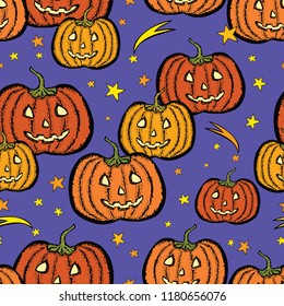 Seamless background of cheerful halloween pumpkins