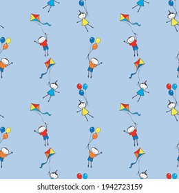 Seamless background of cheerful kids flying with balloons and kite in blue sky
