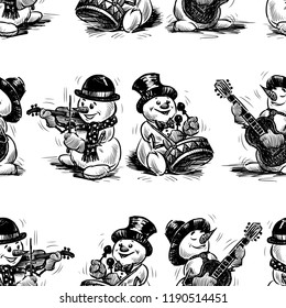 Seamless background of cheerful musicians snowmen