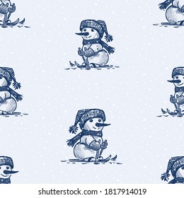 Seamless background of cheerful snowman skiing in snowfall