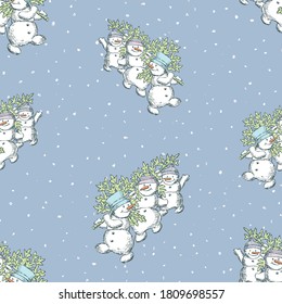 Seamless background of cheerful snowmen walking with christmas tree