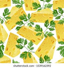 
Seamless background with cheese and parsley slices. Wrapping paper, price tag, big sale, food advertising, label, food, greenery pattern