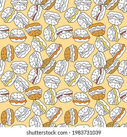 Seamless background with Cheeseburger or hamburger. Fast food. Vector background wrapping paper, menu design and more.