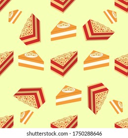 Seamless background of cheesecake pieces. Colorful sweet cakes slices backdrop. Vector illustration
