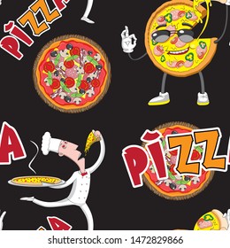 Seamless background of a chef pizza slice of pizza letters on a black background. Printing cloth textile paper. Vector image. eps 10