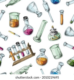 Seamless background of chemical laboratory equipment in colored sketch style, vector illustration isolated. The retro pattern consists of various glass test tubes, alcohol lamp, and pipette.