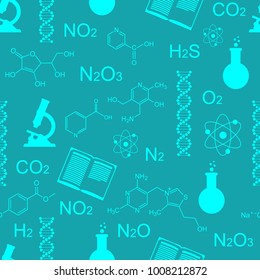 Seamless background chemistry and chemical formulas. DNA, flask, microscope, book, chemical reaction laboratory instruments