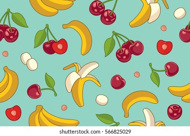 Seamless background with cherries and bananas. Vector summer fruit illustration.