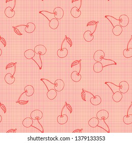 Seamless background with cherries. Contour drawing of cherry berries on a textured background. Delicate peach color. Orange coloring. For design and decoration of fabric, paper, Wallpaper, packaging.