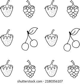 Seamless background with cherries, strawberry and raspberry drawn with black marker on a white paper. Beautiful fruits background.