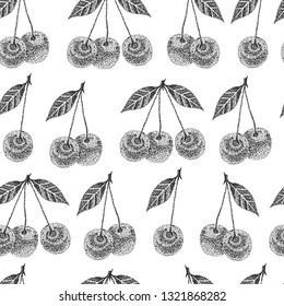Seamless background with cherry berries. Black and white isolated on white.  Endless texture for season design.Vector. Print for bed linens, fabric, textiles, wallpaper, greeting cards, wrapping paper