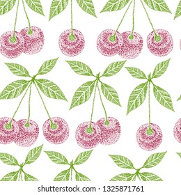 Seamless background with cherry berries isolated on white. Endless texture for season design.Vector. Print for bed linens, fabric, textiles, wallpaper, greeting cards, wrapping paper,gift box