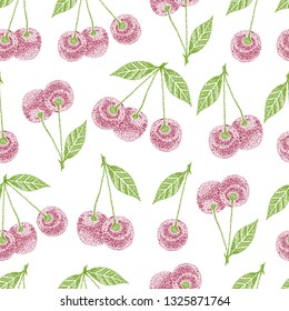 Seamless background with cherry berries isolated on white. Endless texture for season design.Vector. Print for bed linens, fabric, textiles, wallpaper, greeting cards, wrapping paper,gift box