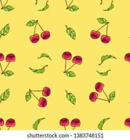 Seamless background with cherry berries on yellow background. New crop. Ripe cherry berries. For design and decoration of fabric, paper, Wallpaper, packaging.