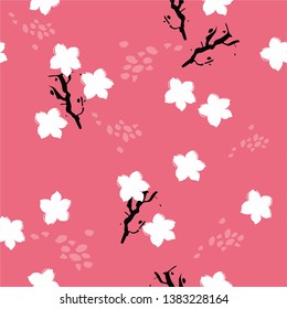 Seamless background with cherry blossoms. A pink flower hand-drawn by ink . Spring floral background for invitation or fabric. Vector illustration - векторная графика
