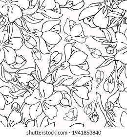 Seamless background with cherry blossoms. Vector illustration. Contour image. Stock vector. Cherry. Floral print. White background.
