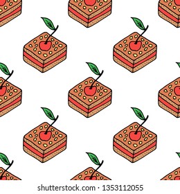 Seamless background with cherry cakes. Endless pattern on white background. Vector image. Sweet food. 
