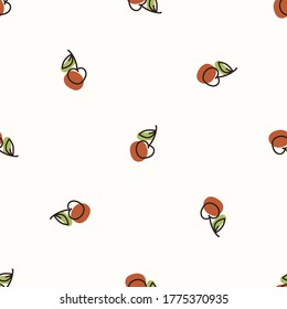 Seamless background cherry fruit. Gender neutral kid food pattern. Simple whimsical minimal earthy 2 tone color. Baby nursery wallpaper or boho decorative gardening decor all over print. 