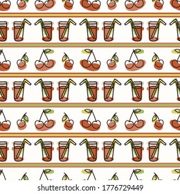 Seamless background cherry fruit juice. Gender neutral kid food pattern. Simple whimsical minimal earthy 2 tone color. Baby nursery wallpaper or boho decorative gardening decor all over print. 