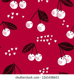 Seamless background with cherry and hearts