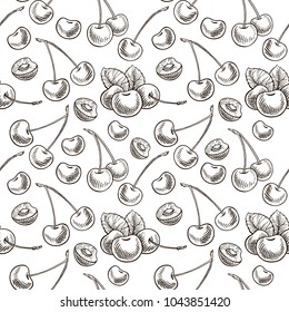 Seamless background with cherry. Vector illustration, black and white