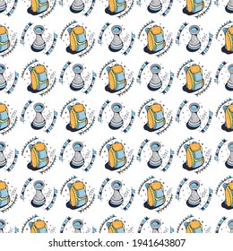 Seamless background with a chess piece and a backpack. Seamless pattern on a white background. Cute vector illustration.