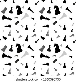 Seamless background with chess pieces in different shades of gray and black.