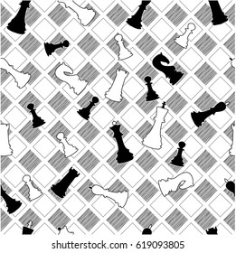 Seamless background with chess pieces on a chess Board.