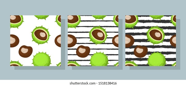 Seamless background with chestnut fruits with and without green peel. Autumn seamless pattern on white and striped background. Printing for fabric, background, postcards, scrapbooking and paper.Vector
