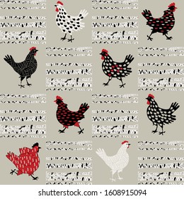 seamless background with chicken and birch, vector design