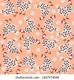 seamless background with chicken and flowers, vector design