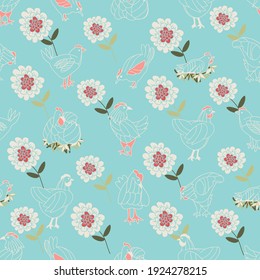 seamless background with chicken and flowers, vector design for paper, fabric