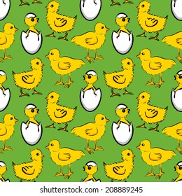 Seamless background with chickens on green background