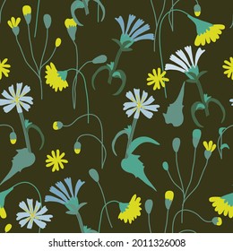 fondo transparente con flores de achicoria y amarillo, diseño vectorial para papel, tela y otras superficies