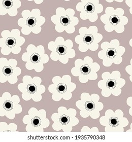 Seamless background with childish floral pattern. White flowers on a gray. Floral baby background in flat style for printing on fabric, wallpaper, paper, curtains, tablecloths. Vector illustration